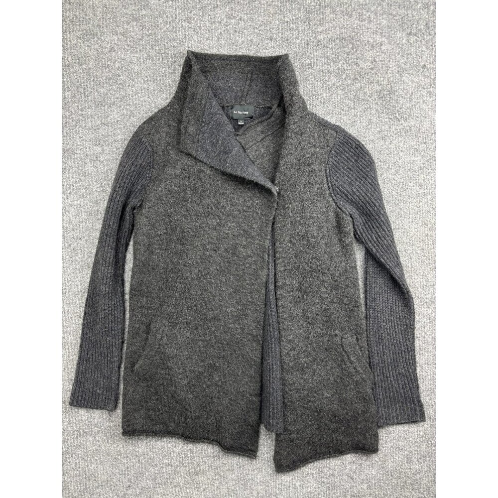 La Fee Verte Cardigan Sweater Womens‎ Large Gray Open Front Collar Knit Pockets